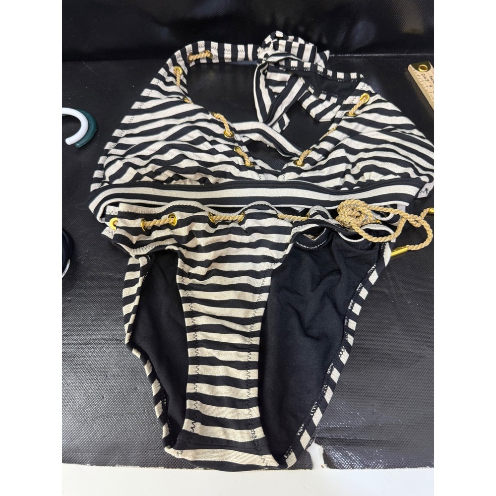 Jessica Simpson Black White Striped Nautical Lace Up Bikini Set Large Top Small